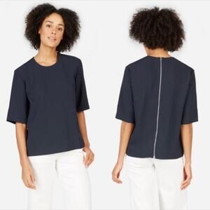 Everlane Japanese Go Weave Back-Zip Short Sleeve Blouse Navy Women's Size 0